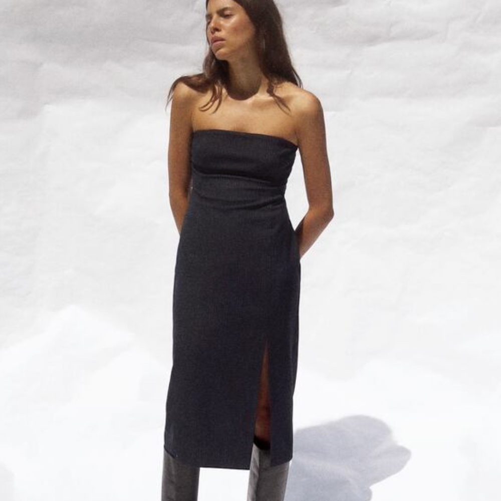 Zara PINSTRIPE Black Strapless Midi Dress (Executive Chic)